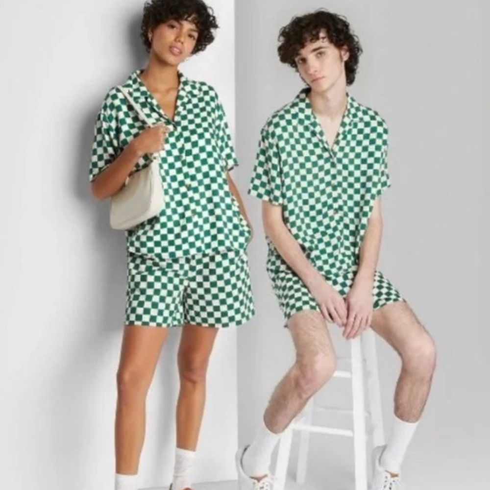 Wild Fable Green Checkered Short Sleeve Button Up and Short Set